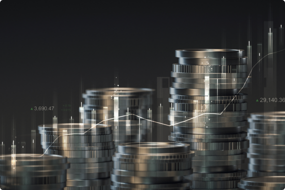 3D financial growth chart illustrating market trends, investment analysis, and economic data, featuring upward arrows and currency exchange symbols.